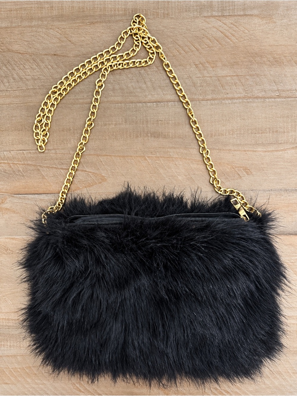 Black Faux Fur Shoulder Bag Gold Chain Y2K Evening Purse